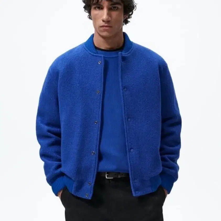 [BUNJANG] Zara Wool 100% Varsity Blouson Jacket - Blue M / 자라 울100 바시티 블루종  블루 M