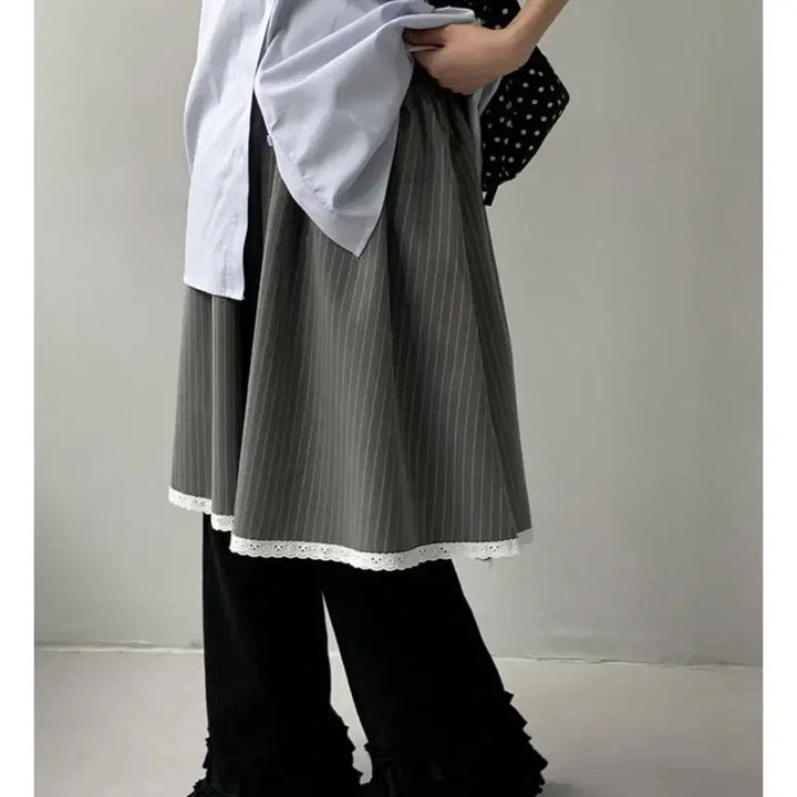 [BUNJANG] Daily Jue Citizen Stripe Layered Midi Skirt / 데일리쥬 시티즌 스트라이프 레이스 레이어드 미디 스커트