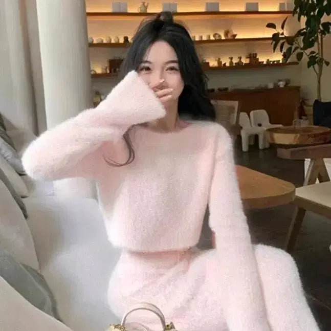 [BUNJANG] Angora Knit Two-Piece Pink Skirt Set / [새상품/*빠른발송*] 앙고라 니트 투피스 핑크 스커트 투피스 셋업 세트