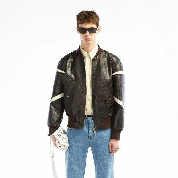 [BUNJANG] Taille Two-Tone Leather Blouson Brown / 타일레 투톤 레더 블루종 브라운