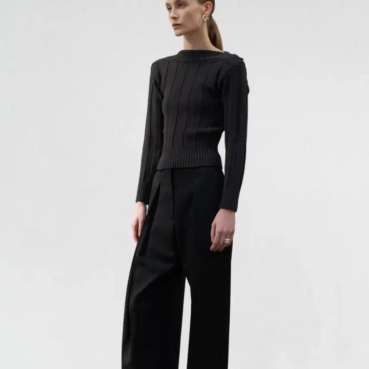 [BUNJANG] Low Classic Boat Neck Charcoal Ribbed Knit Top / 로우클래식 보트넥 차콜 골지 니트 긴팔/S/앨리스/486