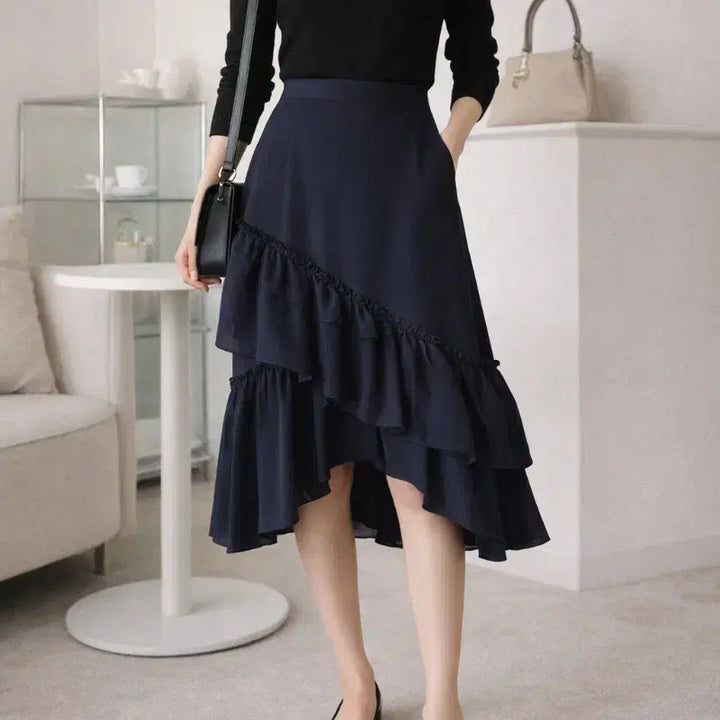 [BUNJANG] Club Monaco Asymmetrical Ruffle Midi Skirt / 가격인하|하객룩 언발 러플 미디스커트 55|네이비 (클럽모나코)