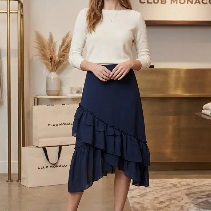 [BUNJANG] Club Monaco Asymmetrical Ruffle Midi Skirt / 가격인하|하객룩 언발 러플 미디스커트 55|네이비 (클럽모나코)