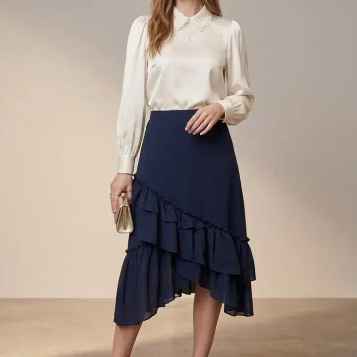 [BUNJANG] Club Monaco Asymmetrical Ruffle Midi Skirt / 가격인하|하객룩 언발 러플 미디스커트 55|네이비 (클럽모나코)