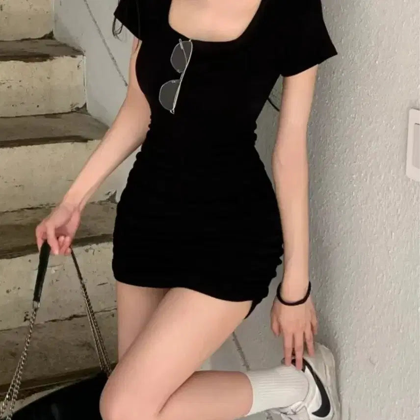 [BUNJANG] Salt U-Neck Shirred Short Sleeve Dress / 솔트 U넥 셔링 반팔 원피스