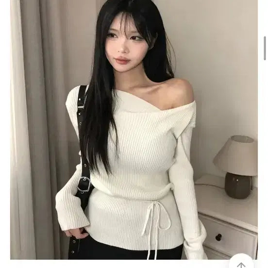 [BUNJANG] One Shoulder Off Shoulder Ribbed Knit Top / 원숄더 오프숄더 허리끈 초커 골지 긴팔 니트