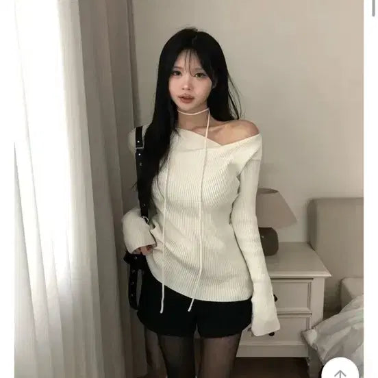 [BUNJANG] One Shoulder Off Shoulder Ribbed Knit Top / 원숄더 오프숄더 허리끈 초커 골지 긴팔 니트