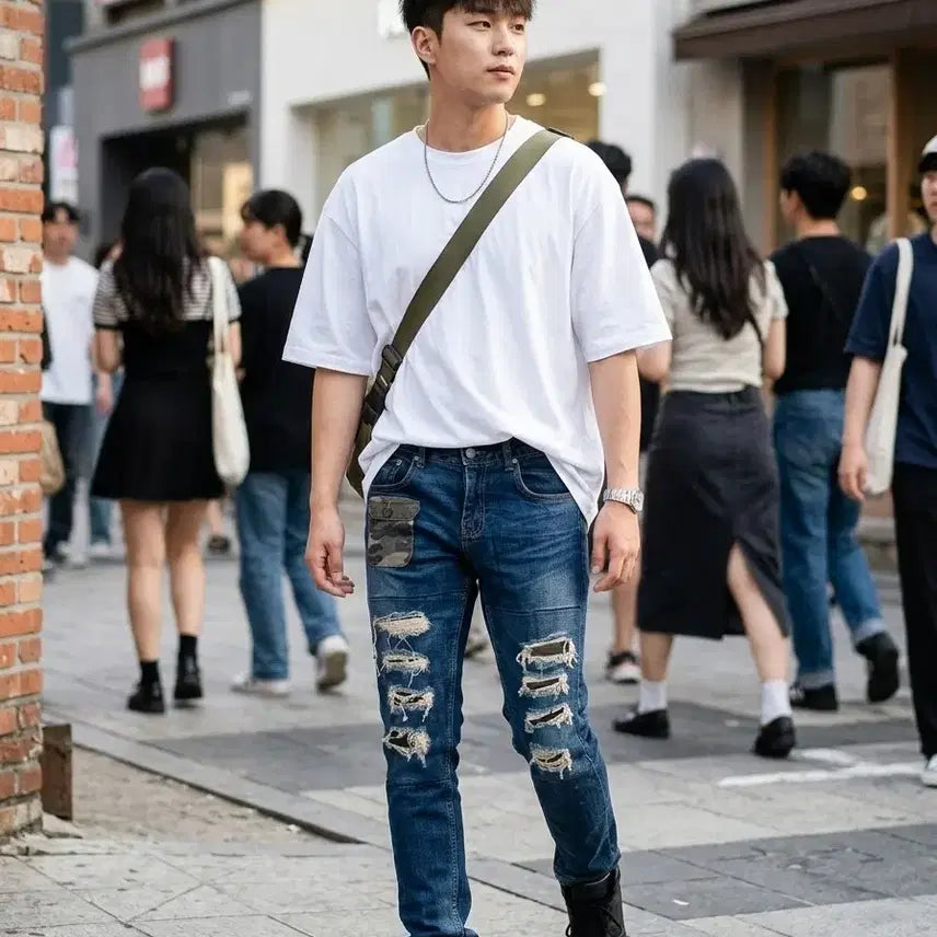 [BUNJANG] Bridge Denim Camo Patchwork Distressed Jeans / 브릿지데님 카모 패치워크 디스트레스드 남성 청바지 (28-30)