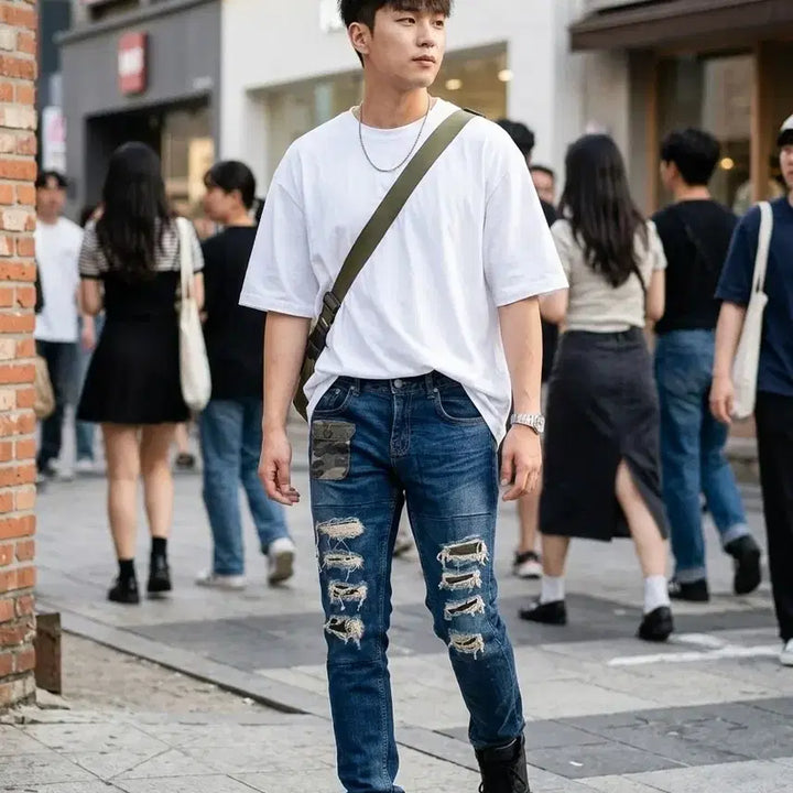 [BUNJANG] Bridge Denim Camo Patchwork Distressed Jeans / 브릿지데님 카모 패치워크 디스트레스드 남성 청바지 (28-30)