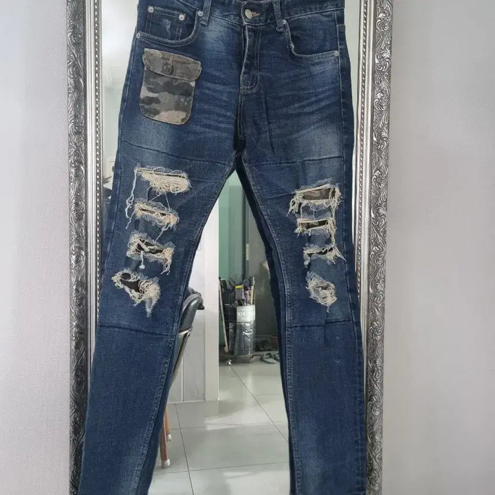[BUNJANG] Bridge Denim Camo Patchwork Distressed Jeans / 브릿지데님 카모 패치워크 디스트레스드 남성 청바지 (28-30)