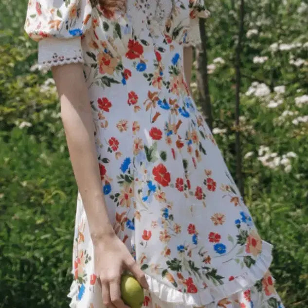 [BUNJANG] Dundrop Flower V-Neck Puff Dress / 새상품던드롭 fancy flower v neck puff dress, s