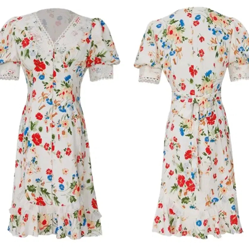 [BUNJANG] Dundrop Flower V-Neck Puff Dress / 새상품던드롭 fancy flower v neck puff dress, s