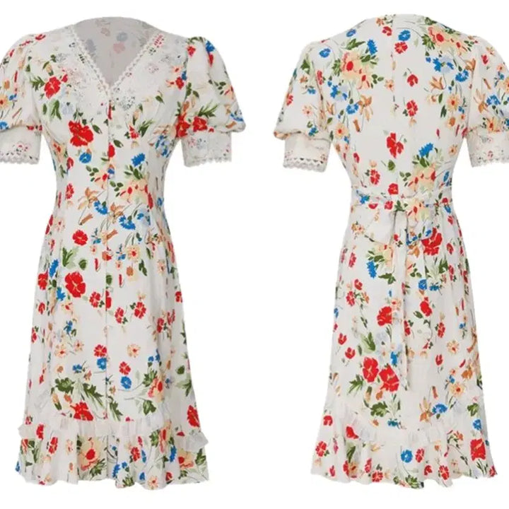 [BUNJANG] Dundrop Flower V-Neck Puff Dress / 새상품던드롭 fancy flower v neck puff dress, s