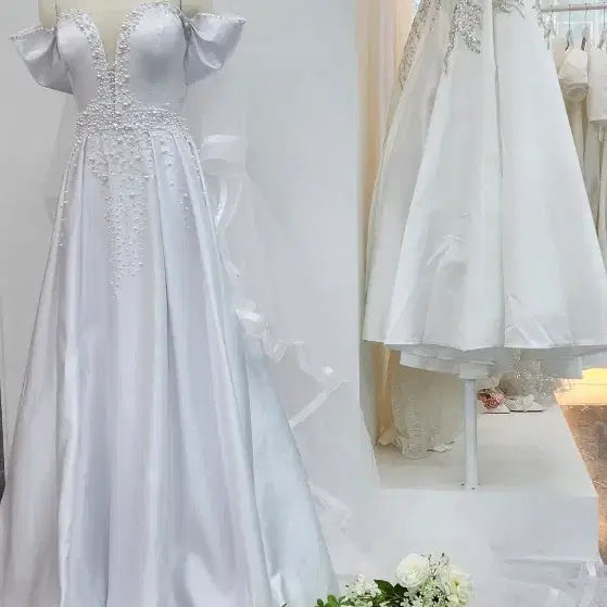 [BUNJANG] Beaded Off-Shoulder Wedding Dress / 고퀄비즈 오숄더웨딩드레스(새상품)