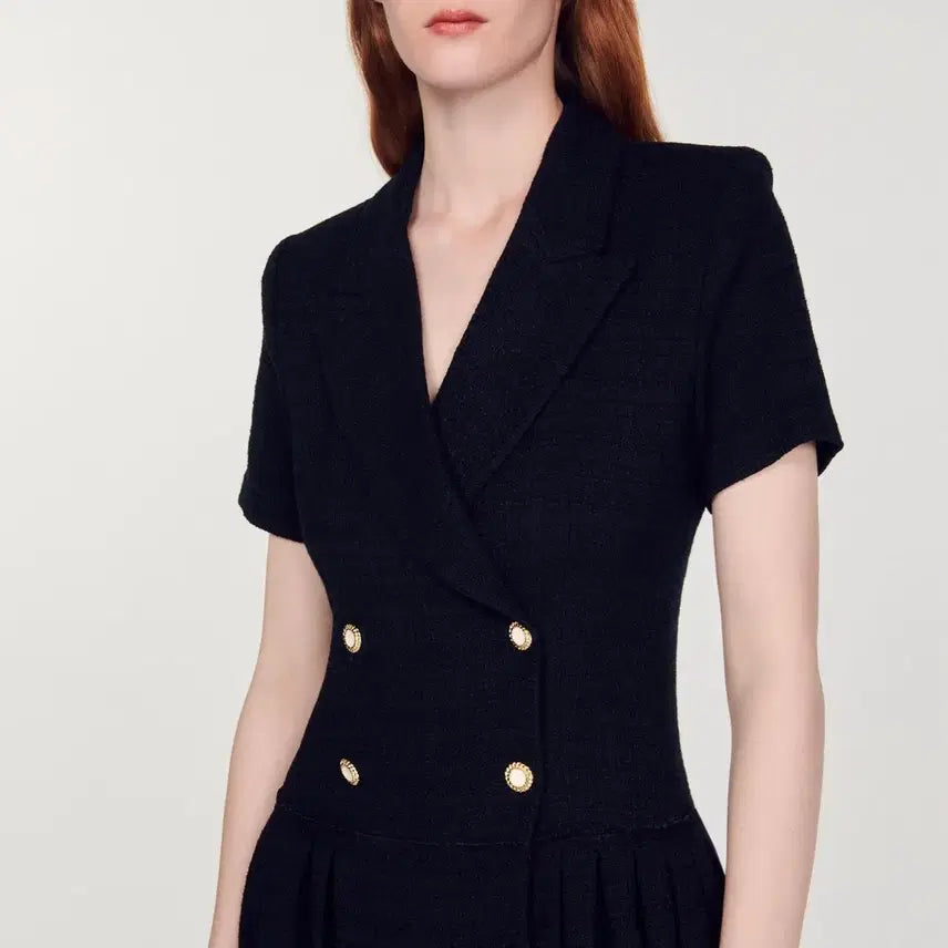 [BUNJANG] Sandro Tweed Pleated Button Jacket Dress / 산드로 트위드 플리츠 버튼 자켓 원피스 34
