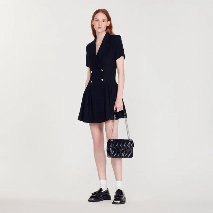 [BUNJANG] Sandro Tweed Pleated Button Jacket Dress / 산드로 트위드 플리츠 버튼 자켓 원피스 34