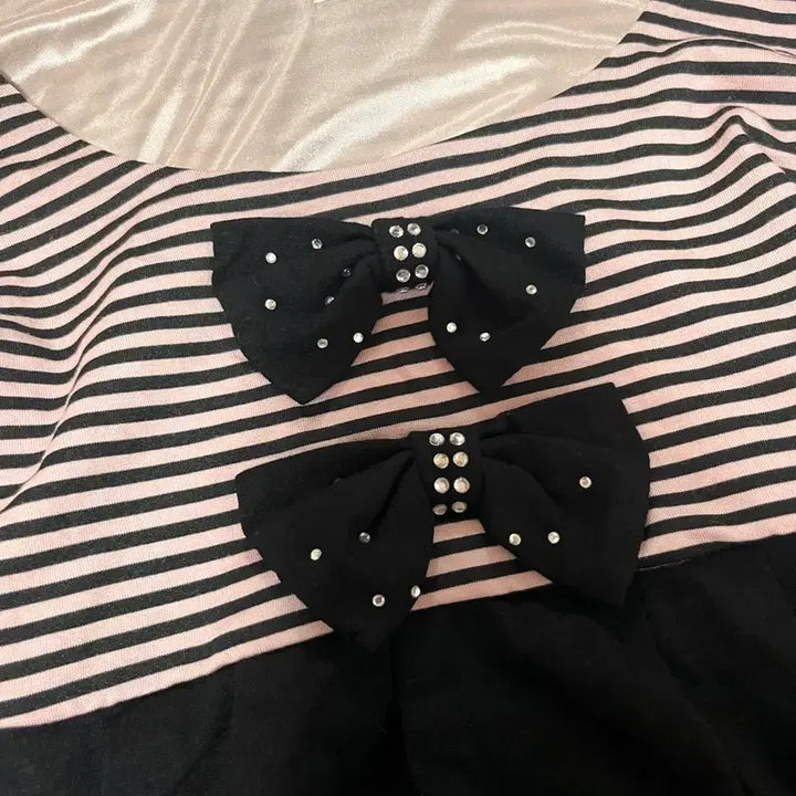 [BUNJANG] Sugar Sugar Rune Pink Striped Ribbon Black Top / 쇼콜라깔 Bye Bye 핑크 스트라이프 리본 블랙 탑 슈가슈가룬 갸루