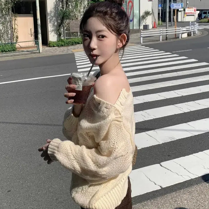 [BUNJANG] Zaenio Mellow Button Cable Knit Cream / zaenio 제니오 멜로우 버튼 케이블 니트 크림