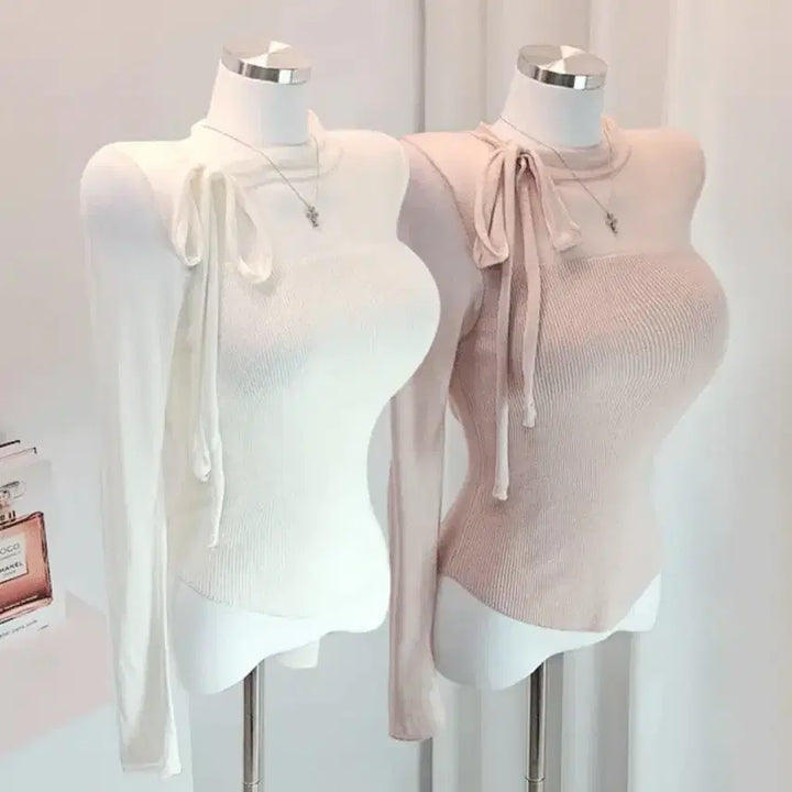 [BUNJANG] Yeri Fit Flowing Scarf Ribbon Knit Top / 새상품) 여리핏 찰랑 스카프 리본 니트