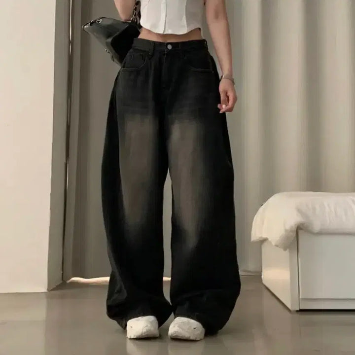 [BUNJANG] Sugar Powder Vintage Side Pleat Washed Wide Denim Pants / 슈가파우더 빈티지 사이드 핀턱 워싱 와이드 데님 팬츠