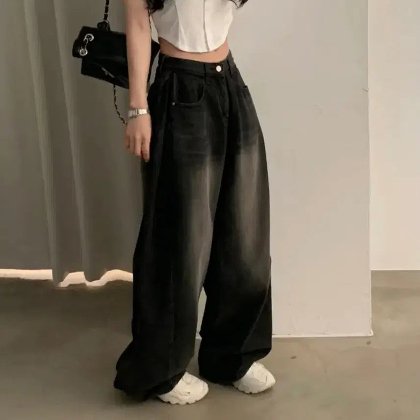 [BUNJANG] Sugar Powder Vintage Side Pleat Washed Wide Denim Pants / 슈가파우더 빈티지 사이드 핀턱 워싱 와이드 데님 팬츠