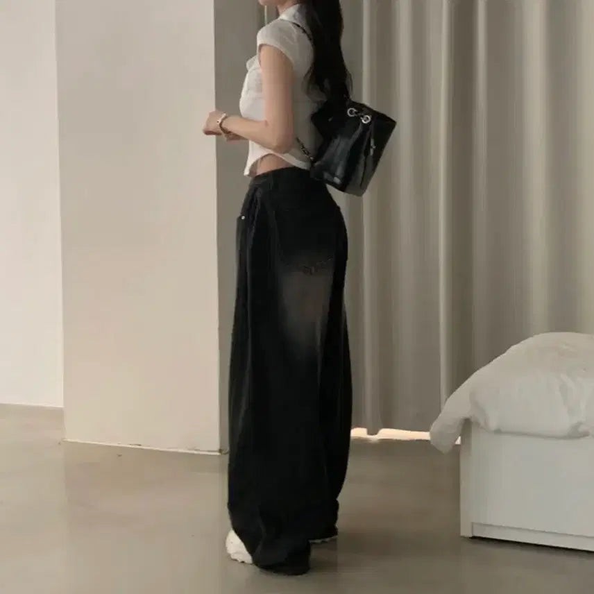 [BUNJANG] Sugar Powder Vintage Side Pleat Washed Wide Denim Pants / 슈가파우더 빈티지 사이드 핀턱 워싱 와이드 데님 팬츠