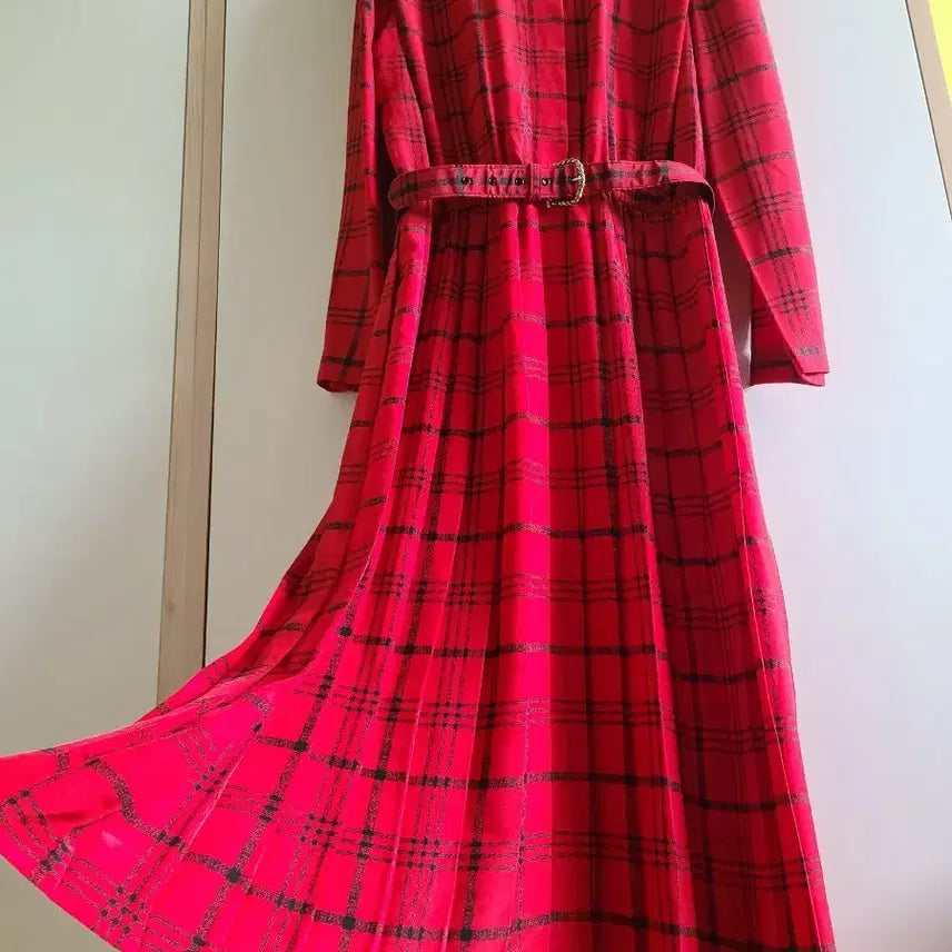 [BUNJANG] Leslie Faye Red Check Pleated Long Dress / 일본명품레드체크플리츠롱원피스