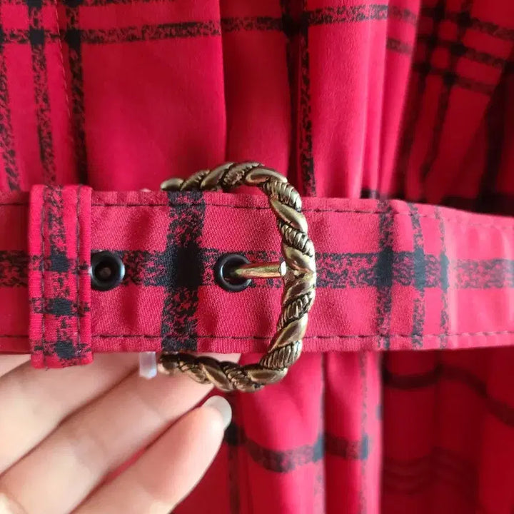 [BUNJANG] Leslie Faye Red Check Pleated Long Dress / 일본명품레드체크플리츠롱원피스
