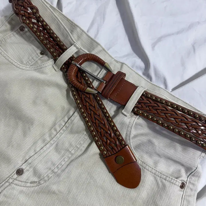 [BUNJANG] Vintage Studded Woven Leather Belt / 빈티지 스터드 위빙 레더 벨트