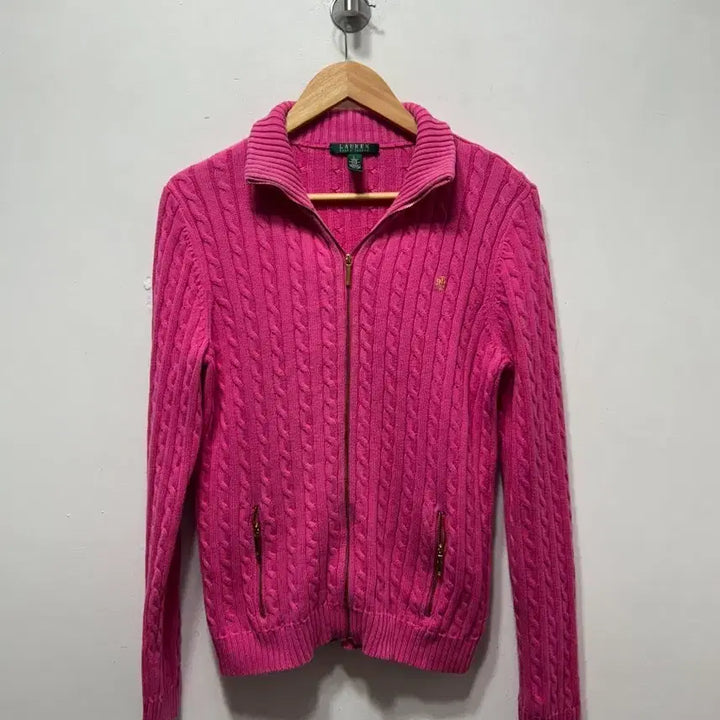 [BUNJANG] Ralph Lauren Cable Knit Pink Zip-up Sweater L / 랄프로렌 꽈배기 핑크 니트 집업 L