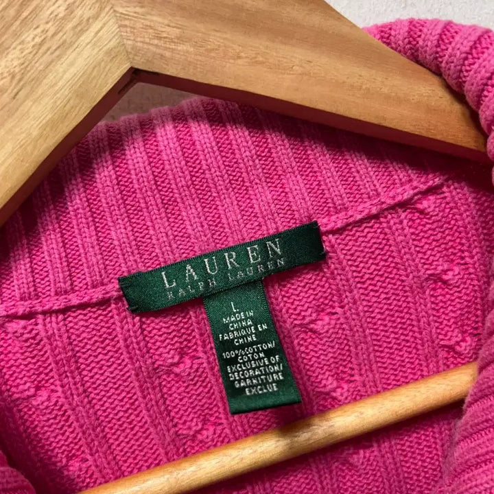 [BUNJANG] Ralph Lauren Cable Knit Pink Zip-up Sweater L / 랄프로렌 꽈배기 핑크 니트 집업 L