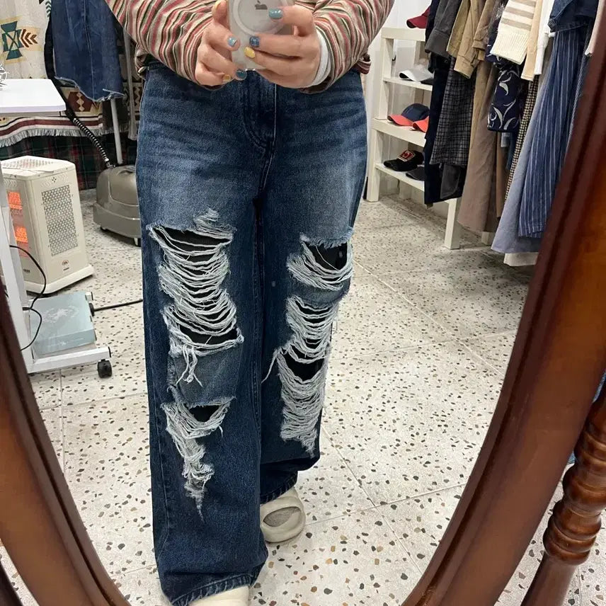 [BUNJANG] KIRSH Wide Denim Pants (Dark Blue) / [KIRSH] 키르시 데미지 와이드 데님 팬츠 (진청)
