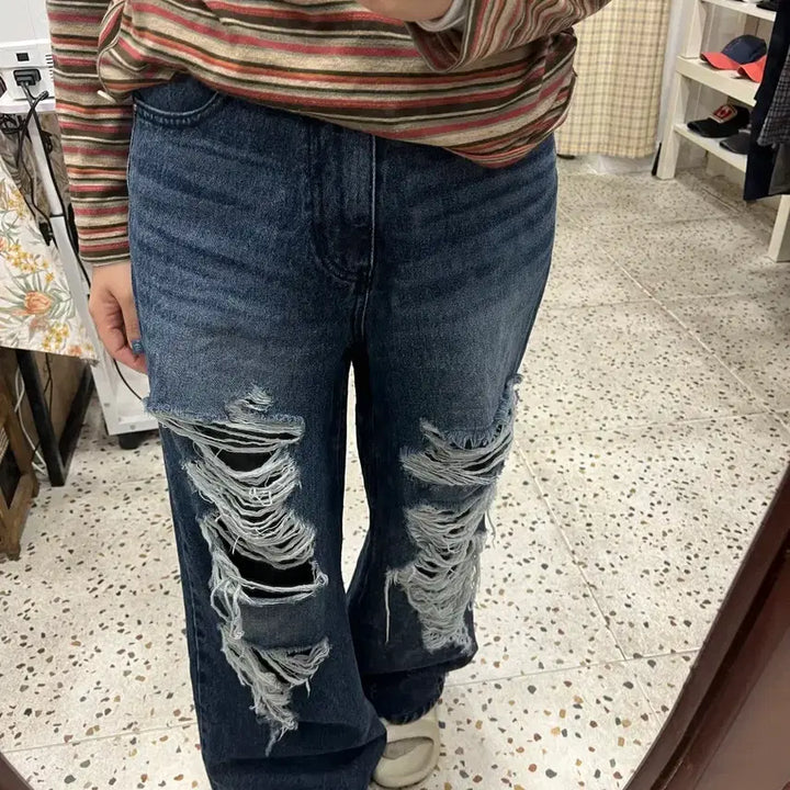 [BUNJANG] KIRSH Wide Denim Pants (Dark Blue) / [KIRSH] 키르시 데미지 와이드 데님 팬츠 (진청)
