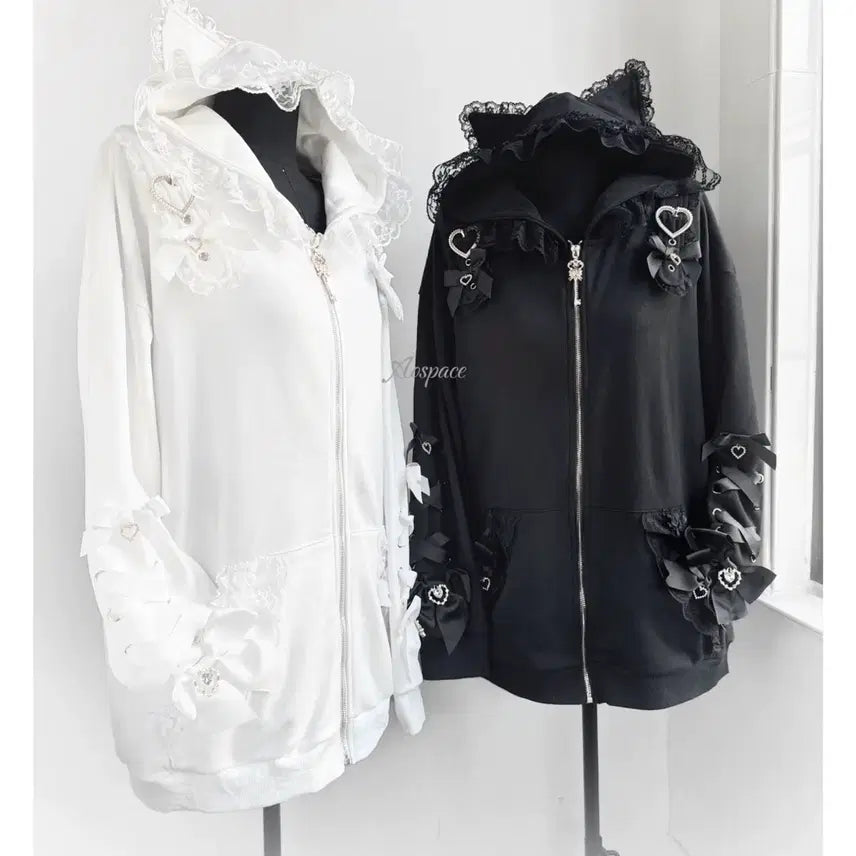 [BUNJANG] Heart Ribbon Lace Frill Hooded Zip-up Jacket / 지뢰계 하트리본 후드집업 레이스프릴 장식(2컬러)