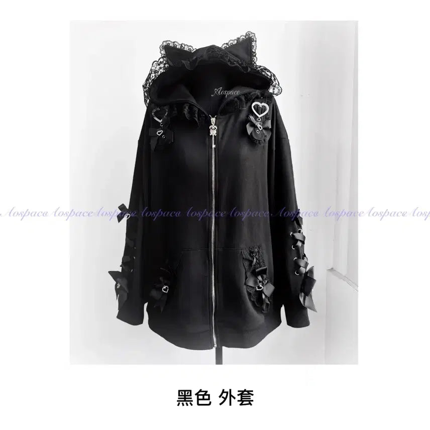 [BUNJANG] Heart Ribbon Lace Frill Hooded Zip-up Jacket / 지뢰계 하트리본 후드집업 레이스프릴 장식(2컬러)