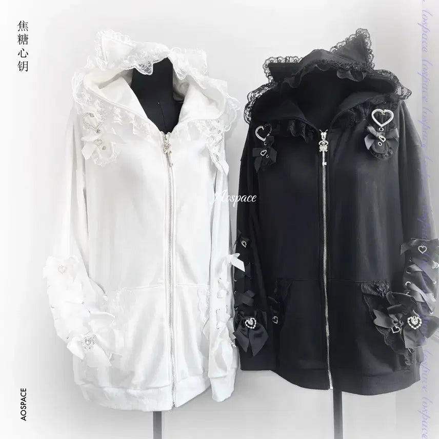 [BUNJANG] Heart Ribbon Hooded Zip-up Jacket / 지뢰계 하트리본 후드집업 레이스프릴 장식(2컬러)