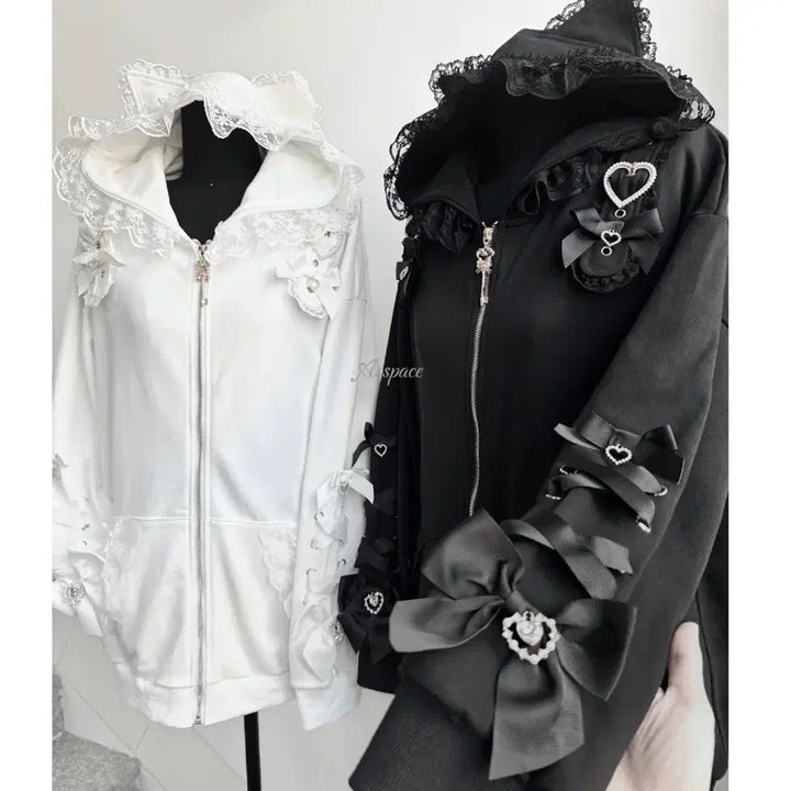 [BUNJANG] Heart Ribbon Hooded Zip-up Jacket / 지뢰계 하트리본 후드집업 레이스프릴 장식(2컬러)