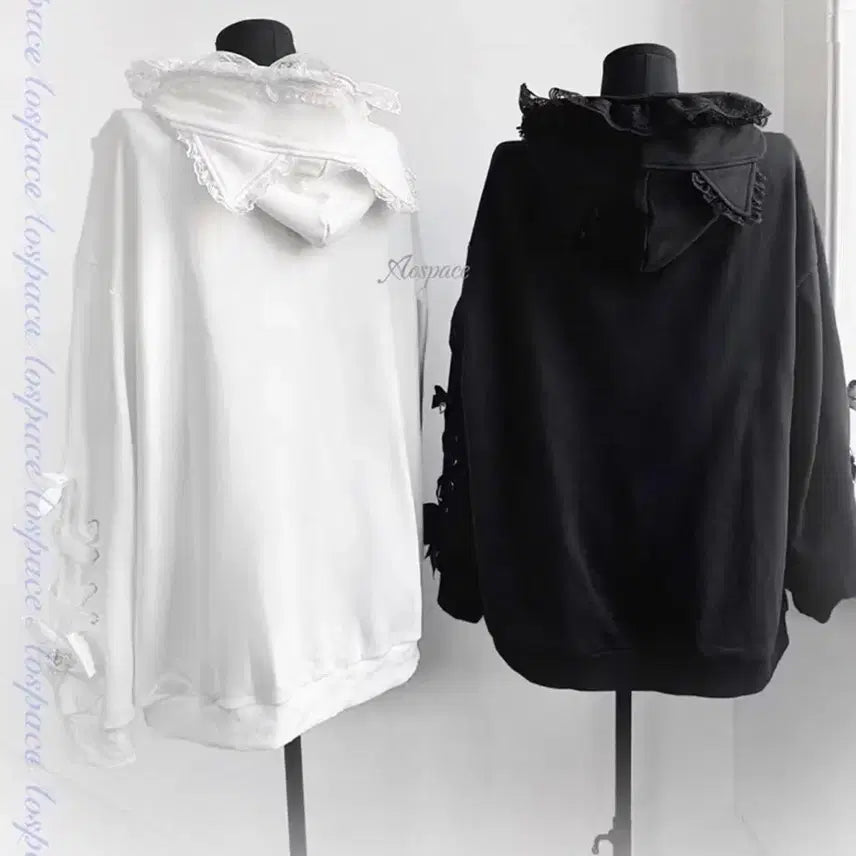 [BUNJANG] Heart Ribbon Hooded Zip-up Jacket / 지뢰계 하트리본 후드집업 레이스프릴 장식(2컬러)