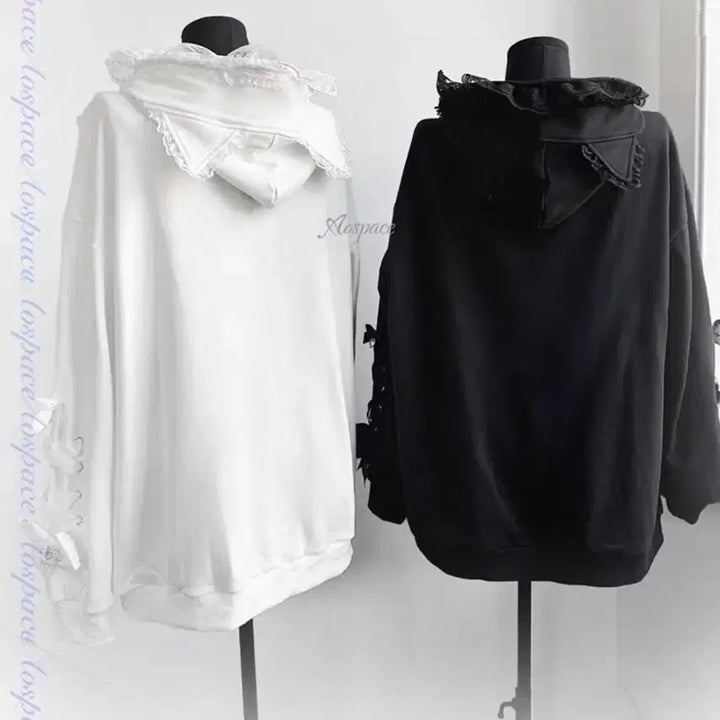 [BUNJANG] Heart Ribbon Hooded Zip-up Jacket / 지뢰계 하트리본 후드집업 레이스프릴 장식(2컬러)