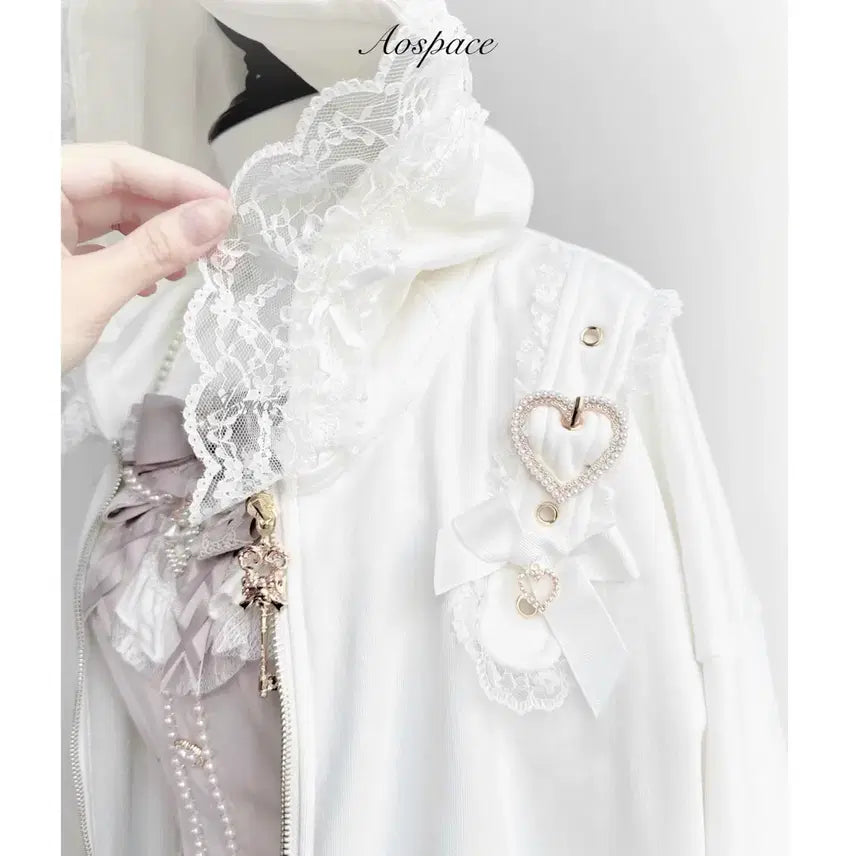 [BUNJANG] Heart Ribbon Hooded Zip-up Jacket / 지뢰계 하트리본 후드집업 레이스프릴 장식(2컬러)