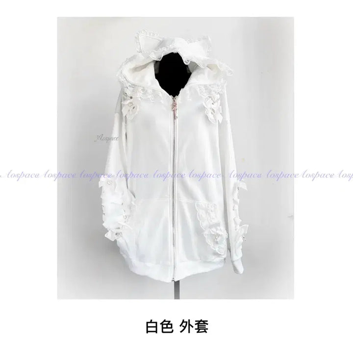 [BUNJANG] Heart Ribbon Hooded Zip-up Jacket / 지뢰계 하트리본 후드집업 레이스프릴 장식(2컬러)