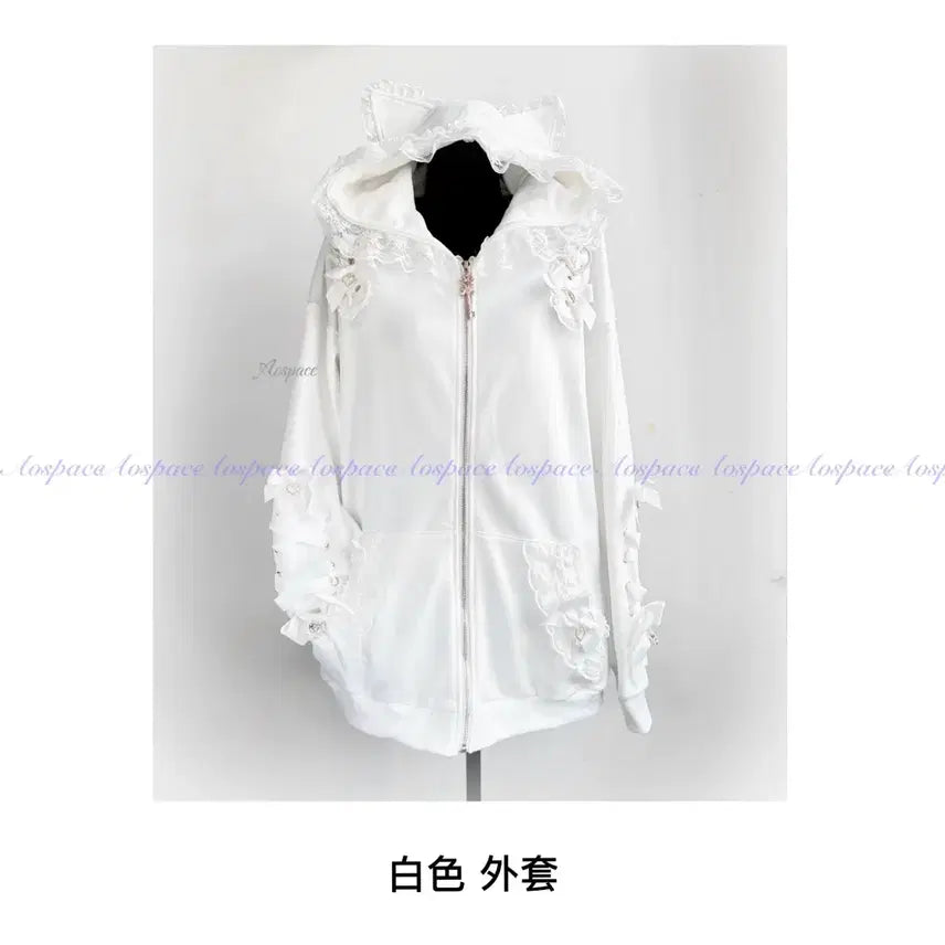 [BUNJANG] Heart Ribbon Hooded Zip-up Jacket / 지뢰계 하트리본 후드집업 레이스프릴 장식(2컬러)