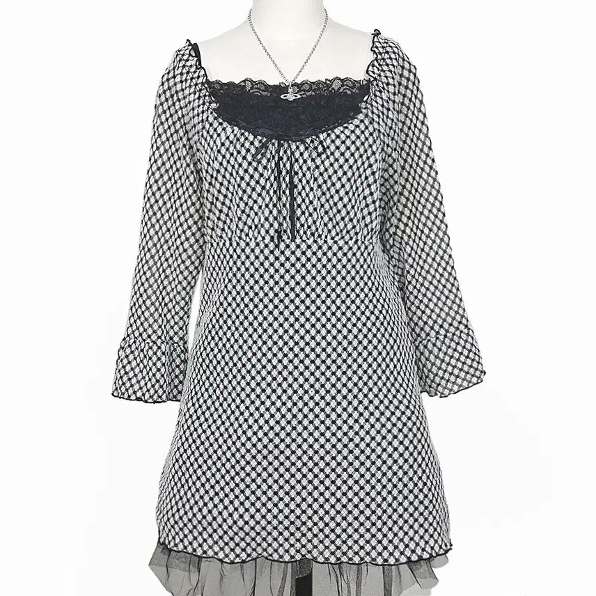 [BUNJANG] Vintage Satin Ribbon Frill A-Line Check Mini Dress / 일본빈티지 새틴리본 프릴A라인 체크미니원피스 블랙 모리걸하구미룩갸루y2k