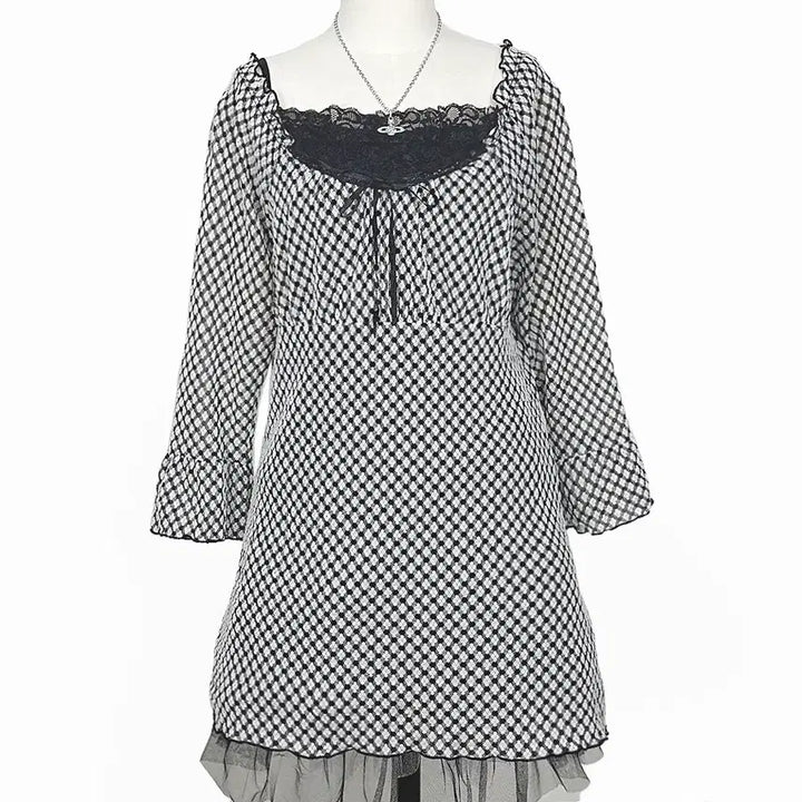 [BUNJANG] Vintage Satin Ribbon Frill A-Line Check Mini Dress / 일본빈티지 새틴리본 프릴A라인 체크미니원피스 블랙 모리걸하구미룩갸루y2k