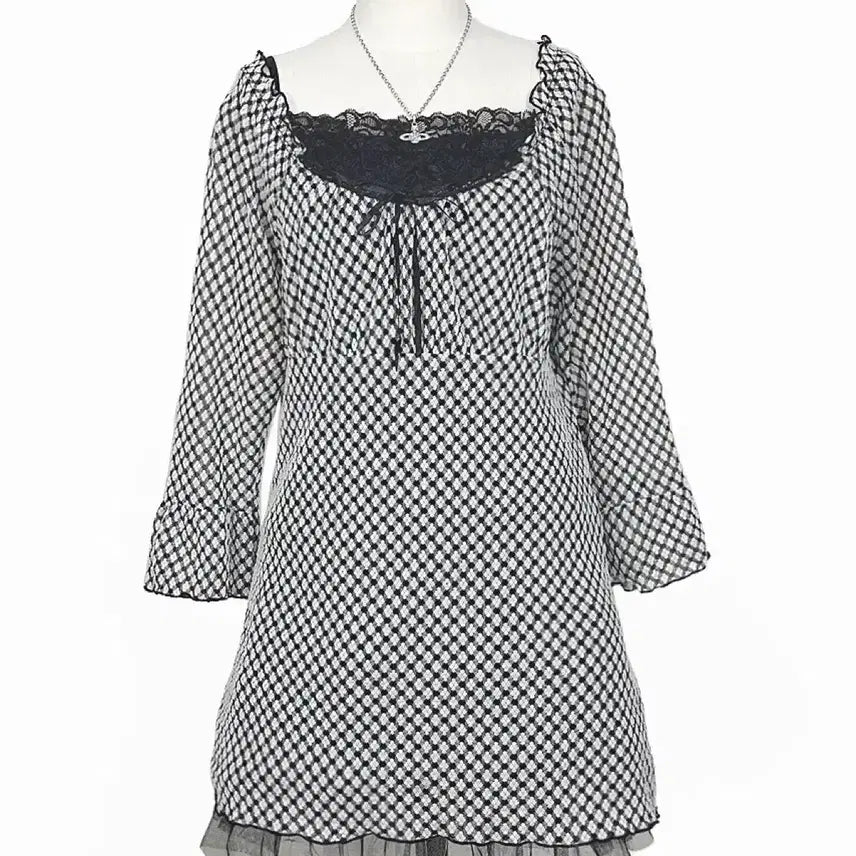 [BUNJANG] Vintage Satin Ribbon Frill A-Line Check Mini Dress / 일본빈티지 새틴리본 프릴A라인 체크미니원피스 블랙 모리걸하구미룩갸루y2k