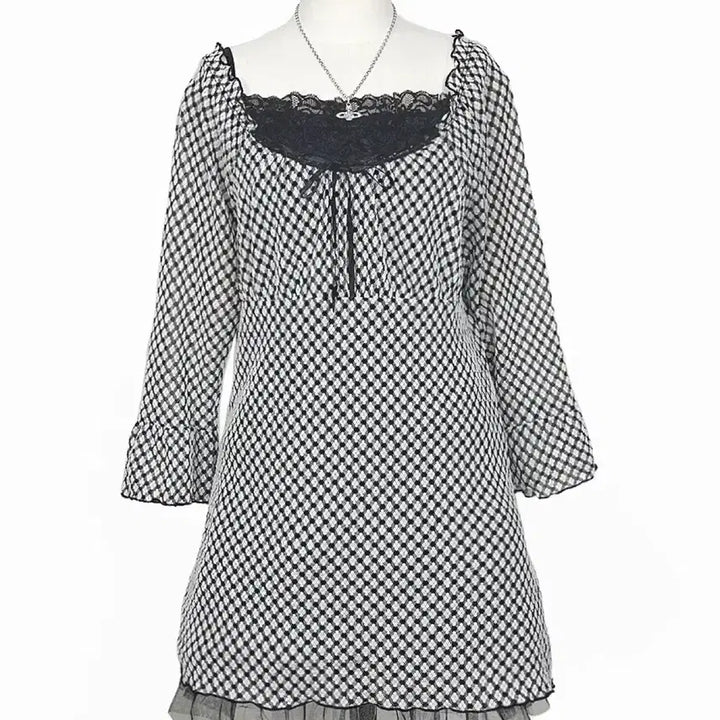 [BUNJANG] Vintage Satin Ribbon Frill A-Line Check Mini Dress / 일본빈티지 새틴리본 프릴A라인 체크미니원피스 블랙 모리걸하구미룩갸루y2k