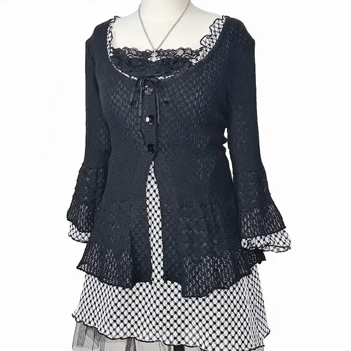 [BUNJANG] Vintage Satin Ribbon Frill A-Line Check Mini Dress / 일본빈티지 새틴리본 프릴A라인 체크미니원피스 블랙 모리걸하구미룩갸루y2k