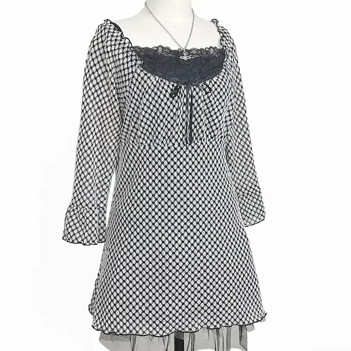 [BUNJANG] Vintage Satin Ribbon Frill A-Line Check Mini Dress / 일본빈티지 새틴리본 프릴A라인 체크미니원피스 블랙 모리걸하구미룩갸루y2k