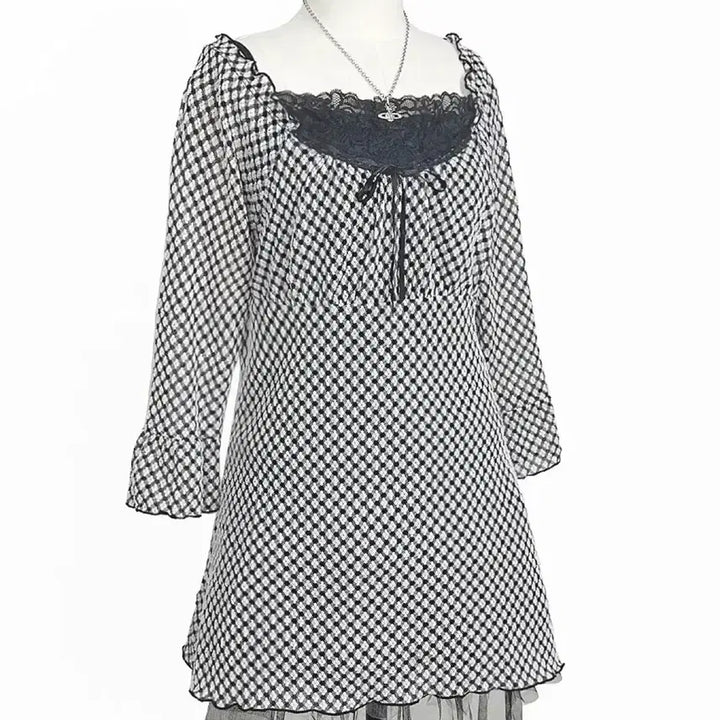 [BUNJANG] Vintage Satin Ribbon Frill A-Line Check Mini Dress / 일본빈티지 새틴리본 프릴A라인 체크미니원피스 블랙 모리걸하구미룩갸루y2k