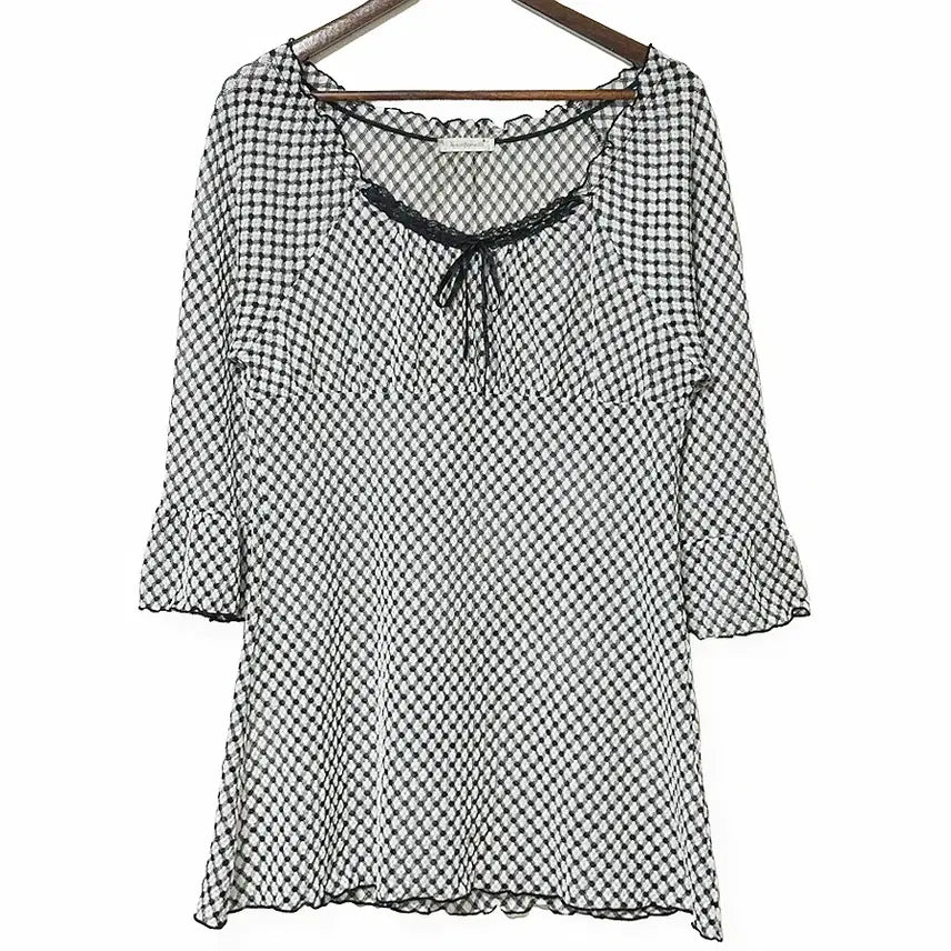 [BUNJANG] Vintage Satin Ribbon Frill A-Line Check Mini Dress / 일본빈티지 새틴리본 프릴A라인 체크미니원피스 블랙 모리걸하구미룩갸루y2k